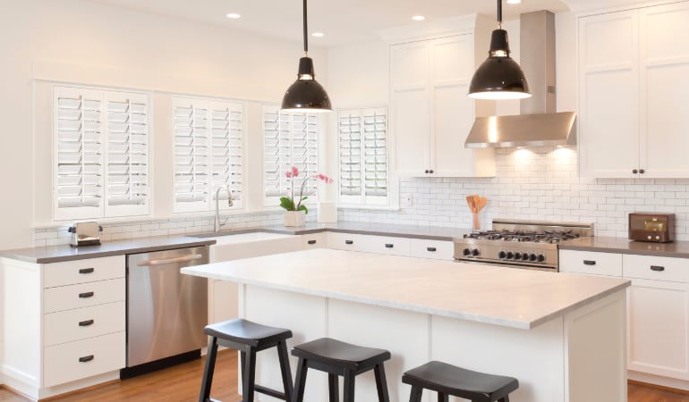 Plantation shutters in a bright Orlando kitchen.